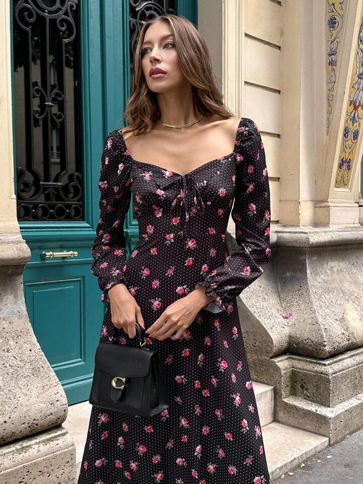 CM-DS297138 Women Casual Seoul Style V-Neck Ruffle Trim Waist Cinched Floral Print Long Sleeve Dress