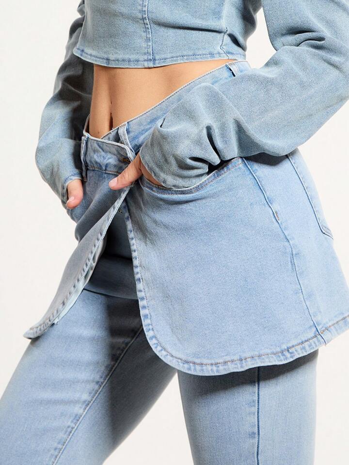 CM-BS053397 Women Casual Seoul Style Drop Waist Denim Skirt Layered Flared Jeans - Blue