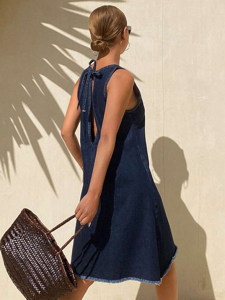 CM-DS784537 Women Casual Seoul Style Medium Wash Backless Drawstring Tie-Up Hollow Denim Dress
