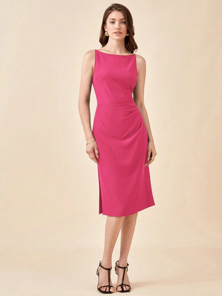CM-DS850959 Women Elegant Seoul Style Round Neck Spaghetti Strap Midi Dress - Hot Pink