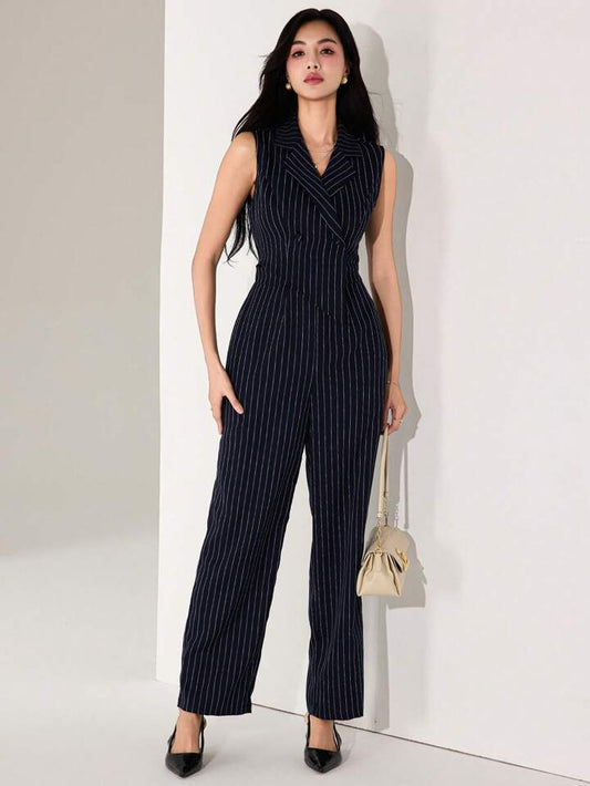 CM-JS761837 Women Elegant Seoul Style Blazer Collar Sleeveless Striped Jumpsuit - Navy Blue