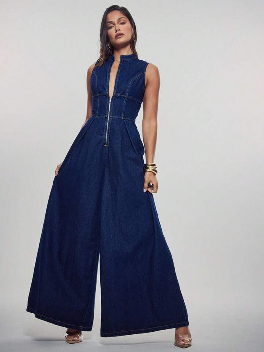 CM-JS359966 Women Casual Seoul Style Dark Wash Stand Collar Sleeveless Zip Front Wide Leg Denim Jumpsuit