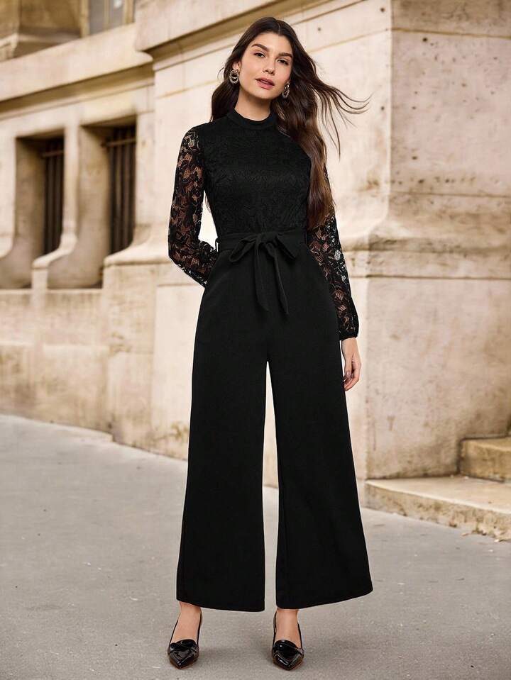 CM-JS699929 Women Elegant Seoul Style Contrast Lace Lantern Sleeve Belted Wide Leg Jumpsuit - Black