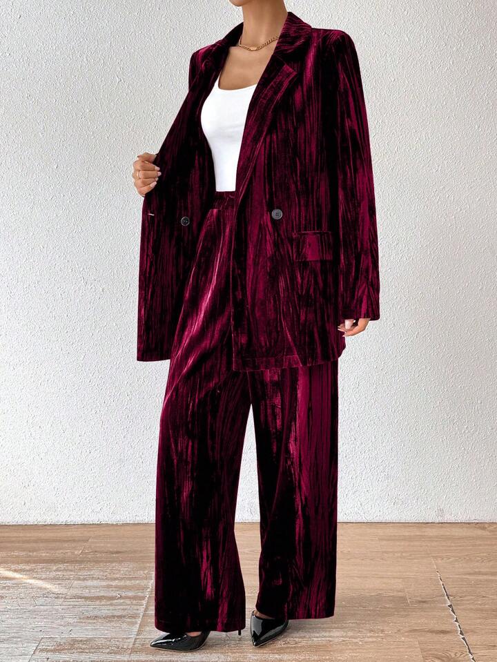 CM-SS022111 Women Elegant Seoul Style Stand Collar Long Sleeve Velvet Jacket With Straight Leg Pants Suit - Burgundy