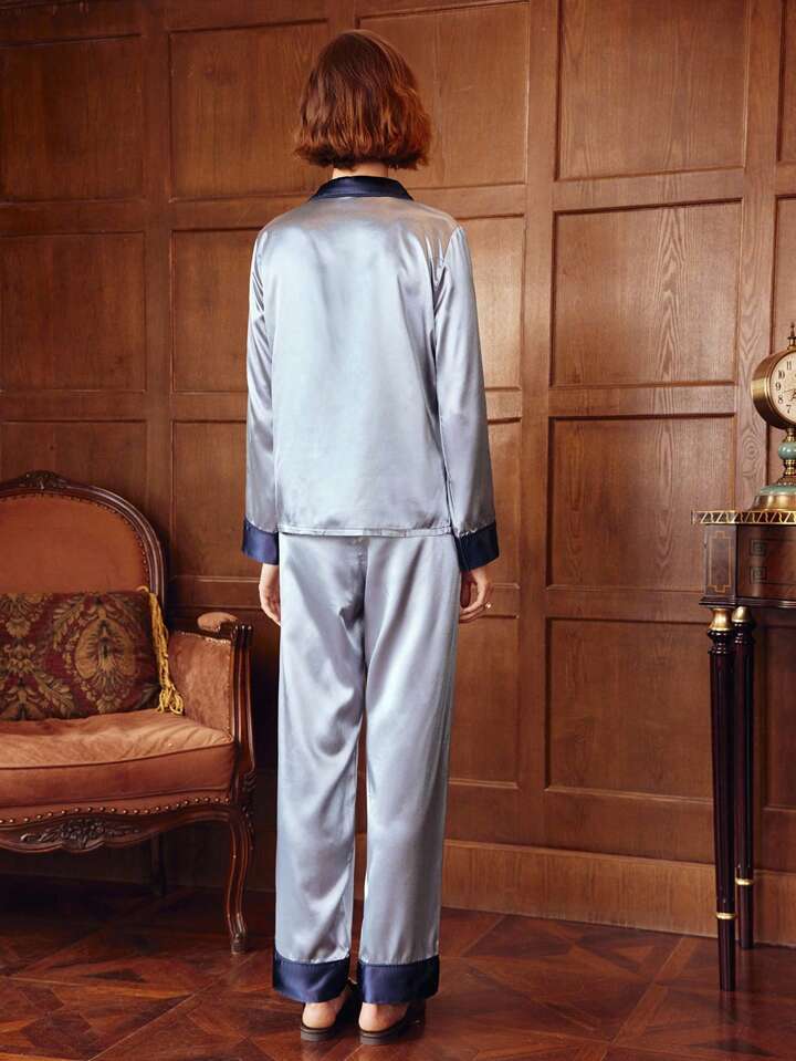 CM-LS073333 Women Trendy Seoul Style Satin Lapel Neckline Long Sleeve Pajama Set - Dusty Blue