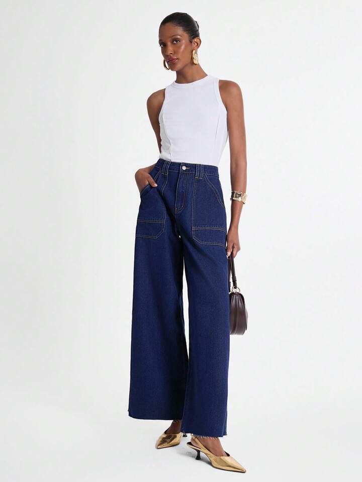 CM-BS290295 Women Casual Seoul Style Dark Wash High Waist Baggy Pocket Wide Leg Jeans