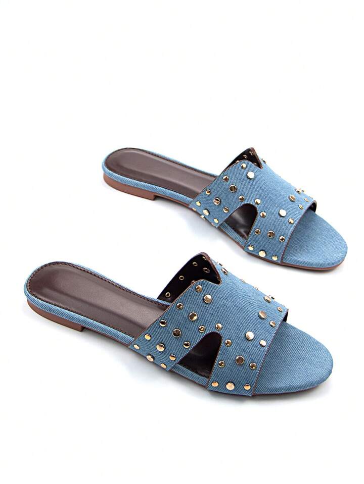 CM-SHS066339 Women Trendy Seoul Style Gold Rivet Decor Denim Round Toe Slip-On Flat Mules - Blue