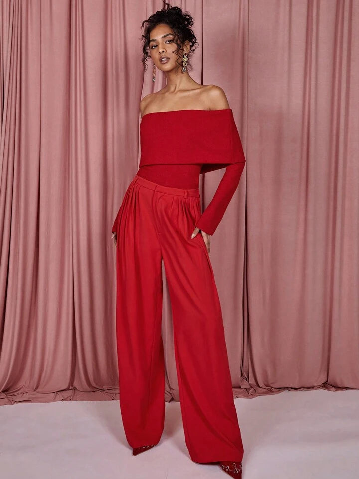 CM-BS170218 Women Elegant Seoul Style High Waist Pleated Long Straight Leg Pants - Red