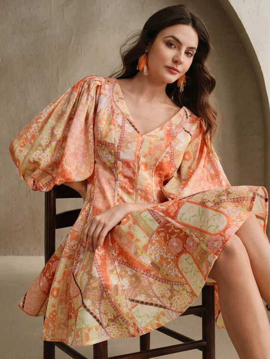 CM-DS483688 Women Trendy Bohemian Style V-Neck Paisley Floral Print Puff Sleeve Linen Short Dress