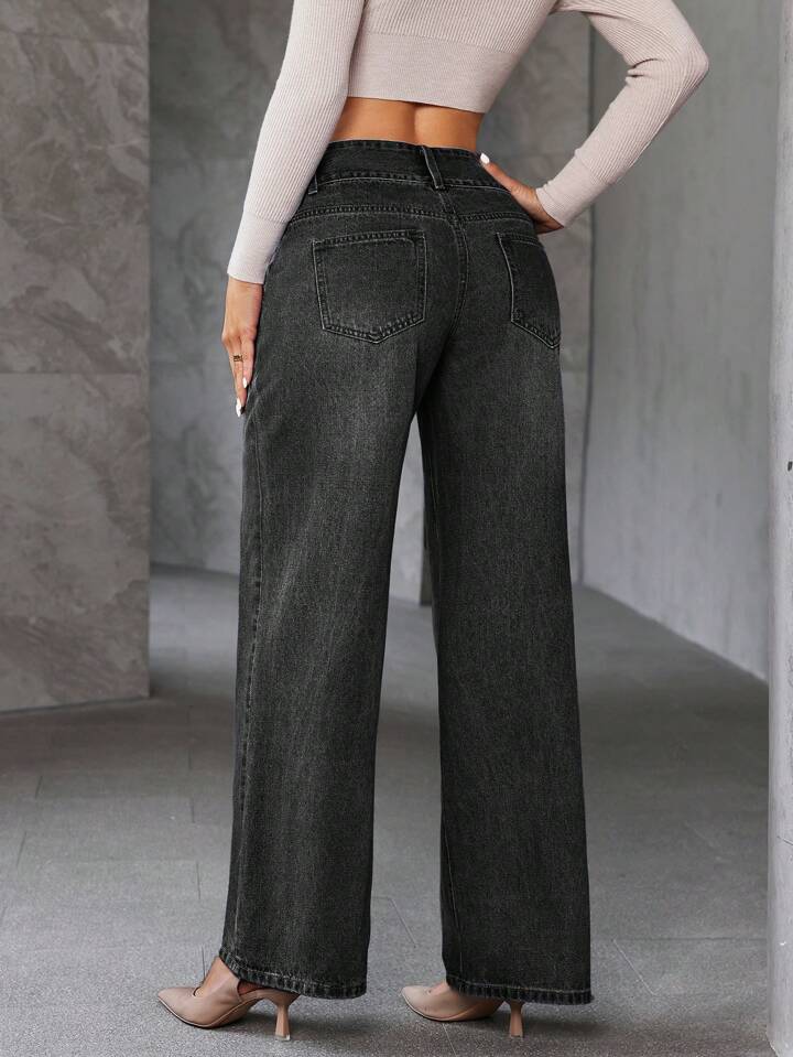 CM-BS372331 Women Casual Seoul Style Front Button Pocket Wide Leg Denim Jeans - Dark Gray