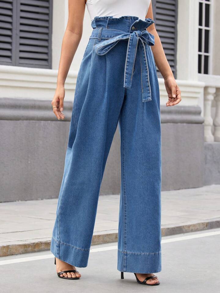 CM-BS450853 Women Casual Seoul Style High Waisted Wide Leg Loose Fit Denim Pants - Blue