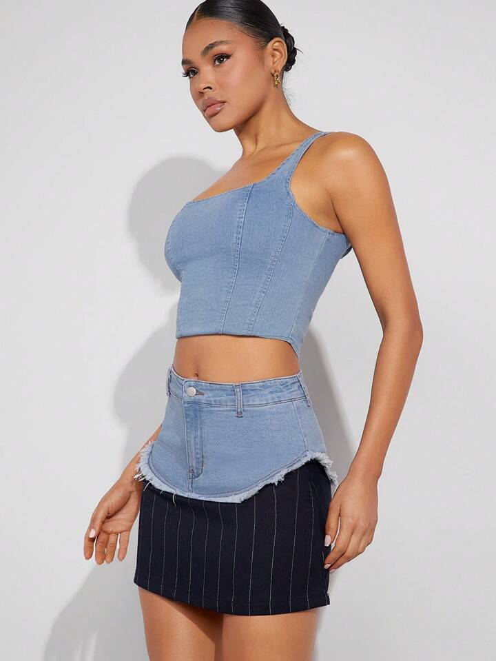 CM-BS516152 Women Casual Seoul Style Light Wash Pinstripe Mixed Media Denim Skirt