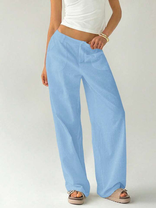 CM-BS214435 Women Casual Seoul Style Solid Color Low Waist Loose Straight Leg Pants - Blue