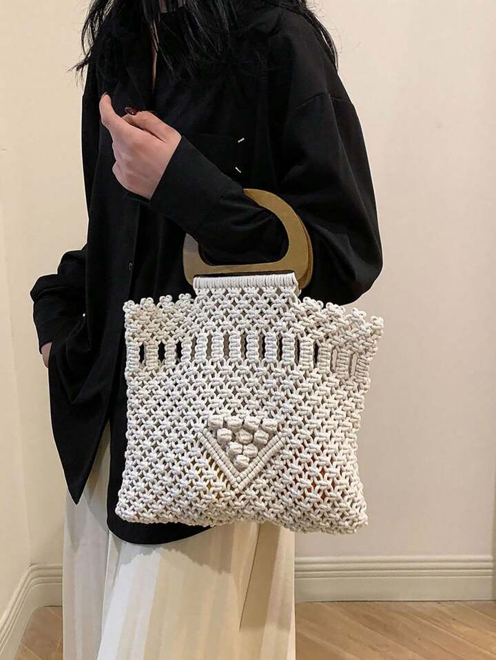 CM-BGS996995 Women Trendy Seoul Style Hollow Out  Wooden Handle Handbag - White