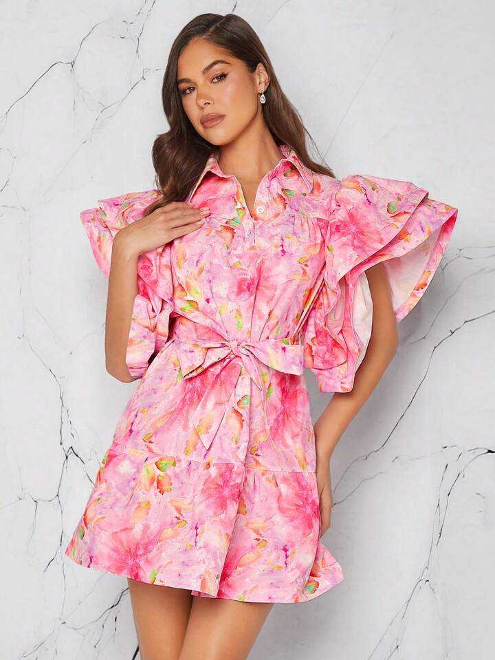 CM-DS011819 Women Trendy Bohemian Style Shirt Collar Short Sleeve Floral Printed Mini Dress