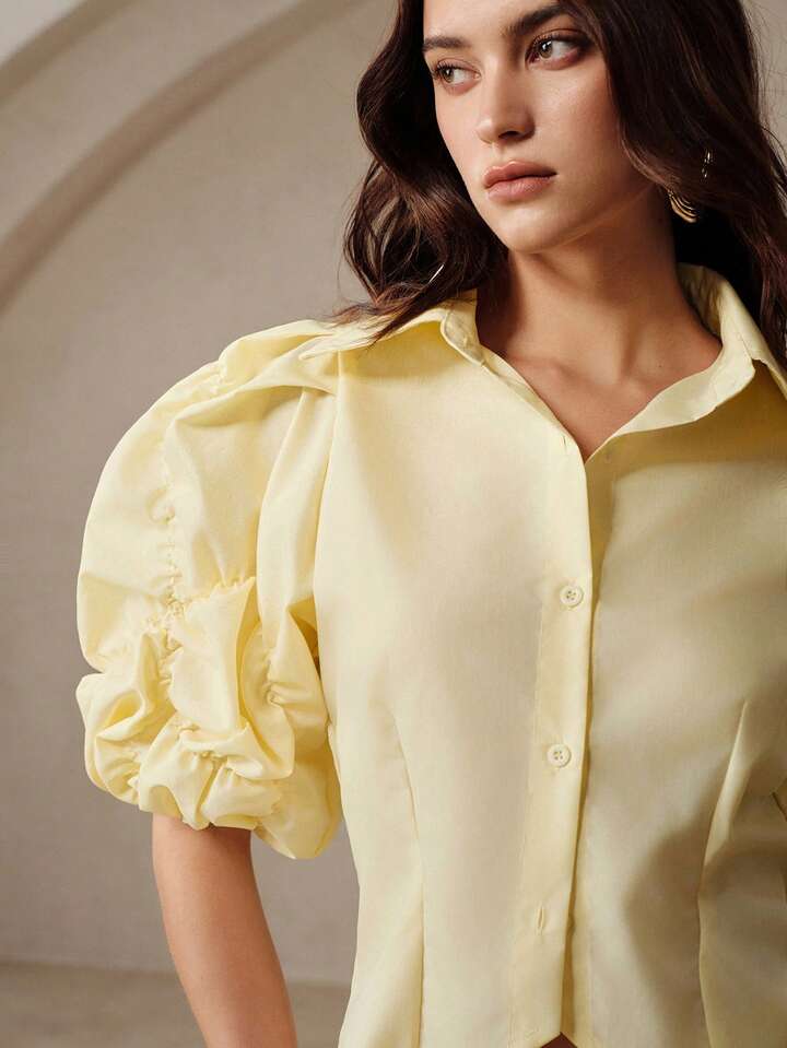 CM-TS143944 Women Elegant Seoul Style Lapel Collar Puff Sleeve Shirred Waist Cinched Short Asymmetrical Hem Blouse