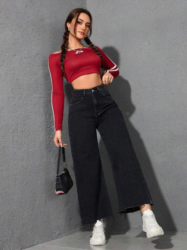 CM-BS883741 Women Casual Seoul Style Solid Color High Waist Wide Leg Jeans - Black