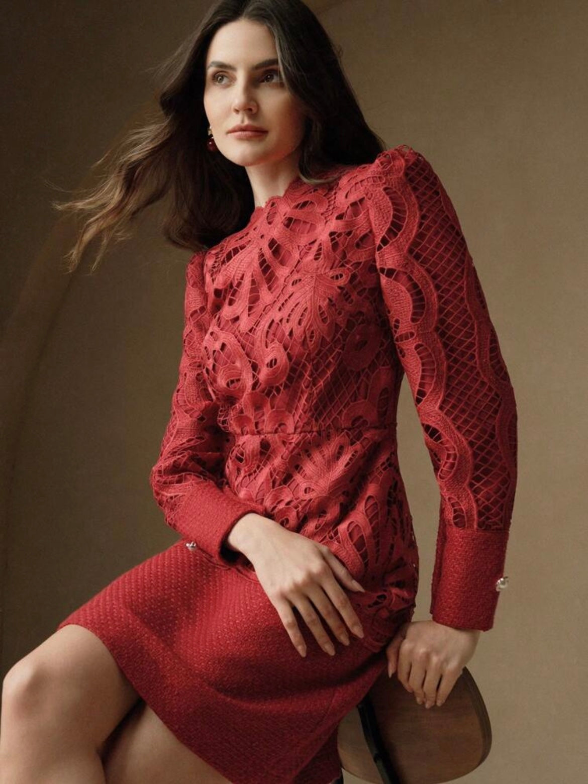 CM-DS114407 Women Elegant Seoul Style Stand Collar Long Sleeve Lace Patchwork Cheongsam Dress - Burgundy