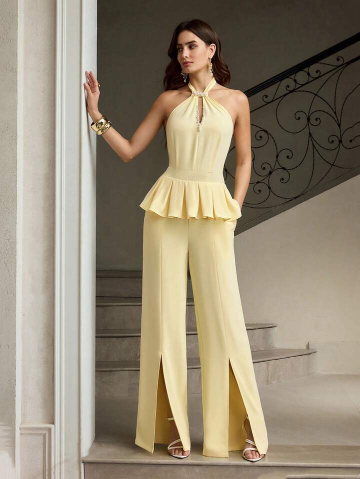 CM-JS319891 Women Elegant Seoul Style Beaded Halter Neckline Sleeveless Wide Leg Jumpsuit - Light Yellow
