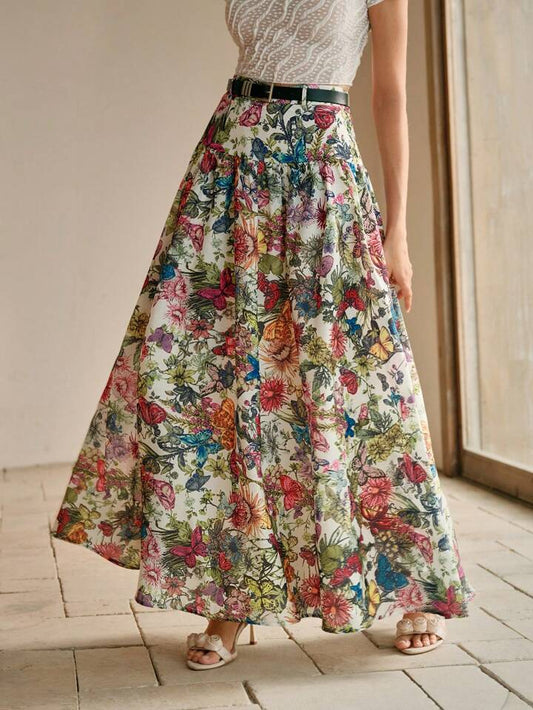 CM-BS435579 Women Elegant Seoul Style High Waist Butterfly Print Belted A-Line Hem Long Skirt
