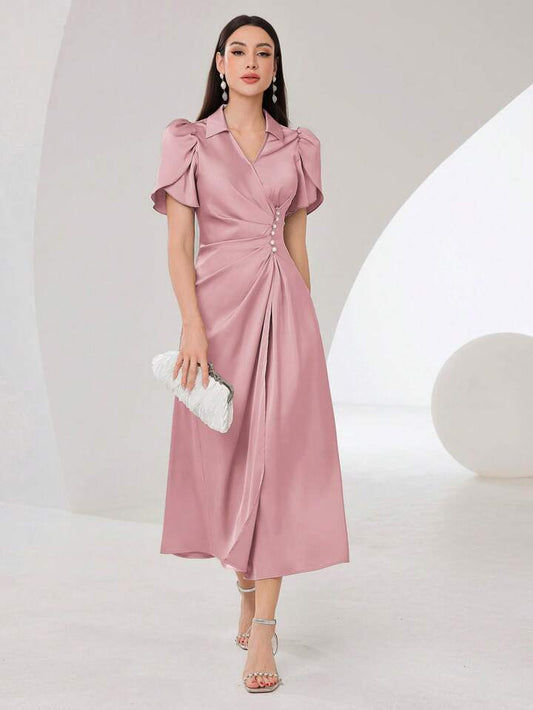 CM-DS447973 Women Elegant Seoul Style Lapel Collar Long Puff Sleeve Ruched A-Line Dress - Pink
