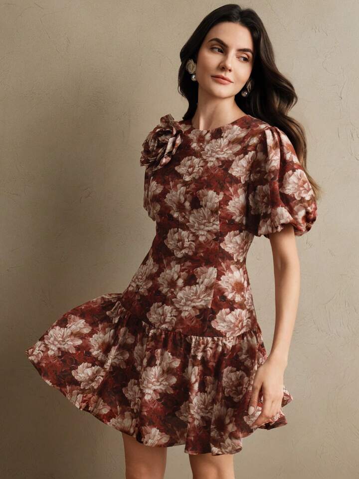 CM-DS955174 Women Elegant Seoul Style Floral Print Round Neck Puff Sleeve And Cinched Waist Mini Dress