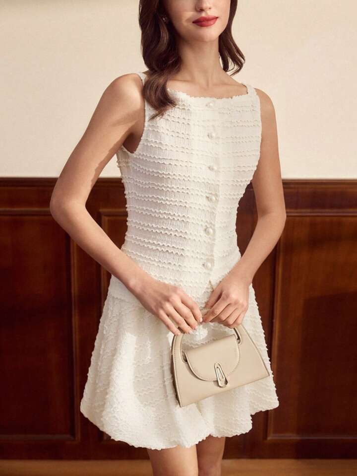 CM-SS161602 Women Casual Seoul Style Straps Neckline Fitted Jacquard Knit Tank Top With Lantern Skirt - Set