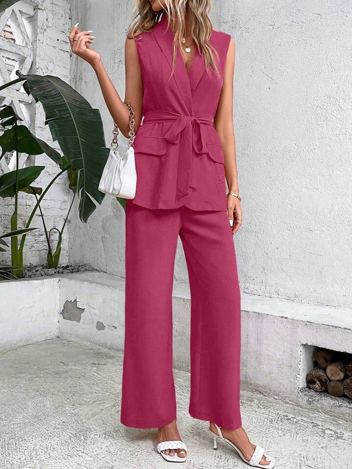 CM-SS889299 Women Elegant Seoul Style Shawl Collar Waistband Suit Vest With Wide Leg Pants - Set