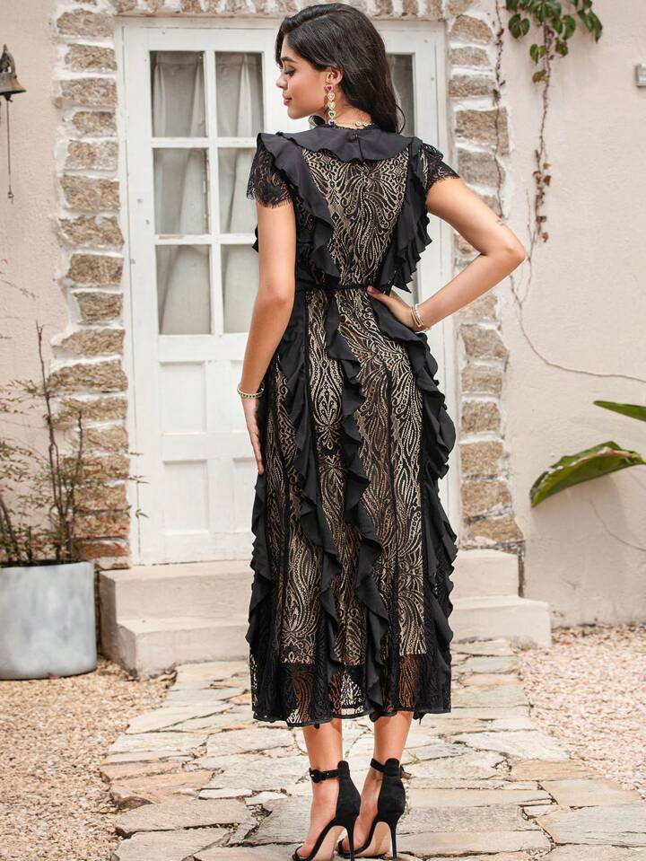 CM-DS299747 Women Elegant Seoul Style Splice Lace V-Neck Sleeveless Ruffled Waist Belted Dress - Black