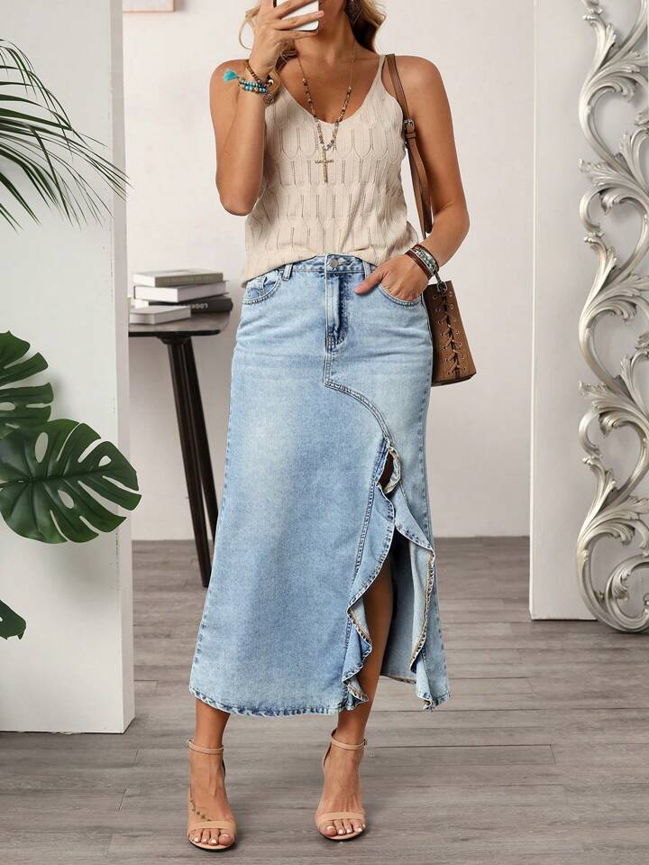 CM-BS589879 Women Casual Seoul Style Washed High Slit Ruffle Hem Denim Skirt - Blue
