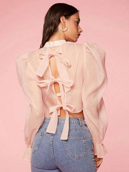 CM-TS444578 Women Casual Seoul Style Woven Back Bow Tie Puff Sleeve Shirt - Dusty Pink