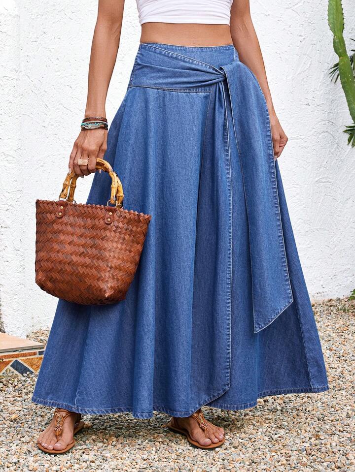 CM-BS618740 Women Trendy Bohemian Style Medium Wash High Waist Knot Maxi Denim Skirt