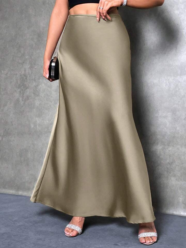 CM-BS622597 Women Casual Seoul Style Solid Asymmetrical Mermaid Hem Skirt - Khaki