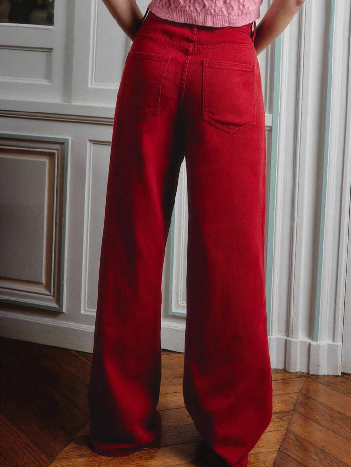 CM-BS311176 Women Casual Seoul Style Mid-Rise Fit Straight Leg Denim Trousers - Red