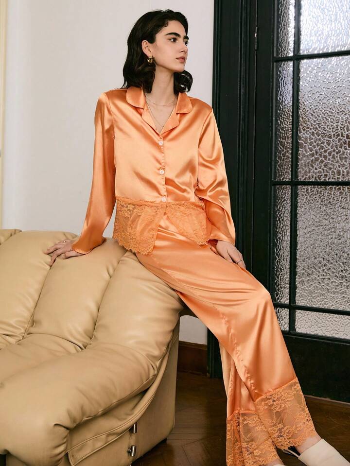 CM-LS629502 Women Trendy Seoul Style Lace Patchwork Satin Lapel Neckline Long Sleeve Pajama Set