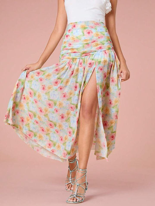 CM-BS719693 Women Trendy Bohemian Style Floral Allover Print High Slit Loose Skirt