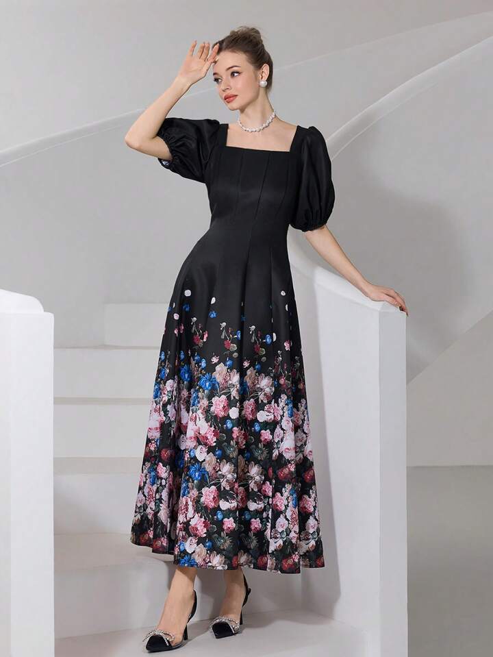 CM-DS656340 Women Elegant Seoul Style Square Neck Puff Sleeve Floral Print Midi Dress - Black