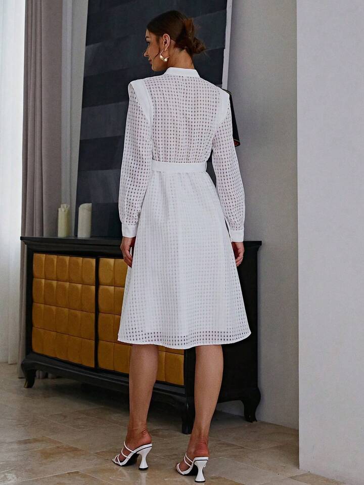 CM-DS131190 Women Elegant Seoul Style Stand Colar Long Sleeve Midi Dress - White