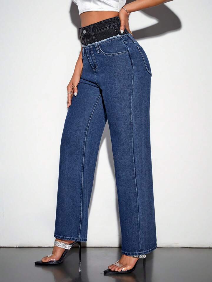 CM-BS041799 Women Casual Seoul Style Color-Blocking High Waisted Straight Leg Jeans - Blue