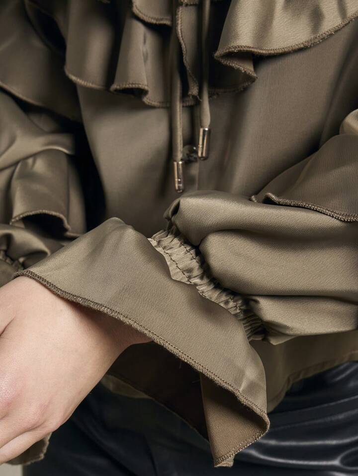 CM-TS920507 Women Elegant Seoul Style Keyhole Neckline Flounce Sleeve Satin Ruffle Blouse - Army Green