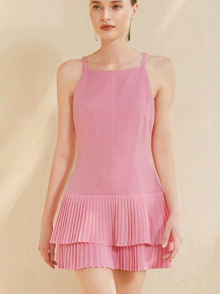CM-DS383781 Women Casual Seoul Style Spaghetti Strap Off Shoulder Multi-Layered Ruffle Hem Short Dress