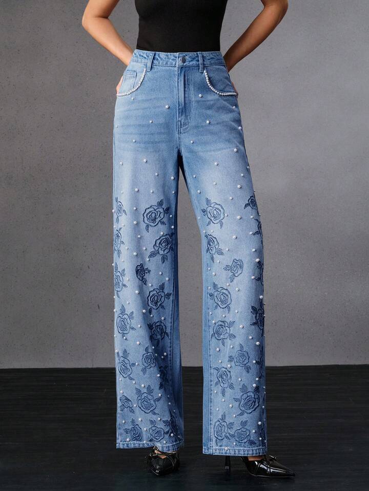 CM-BS039013 Women Elegant Seoul Style Mid Waist Embroidered Straight Leg Jeans - Blue