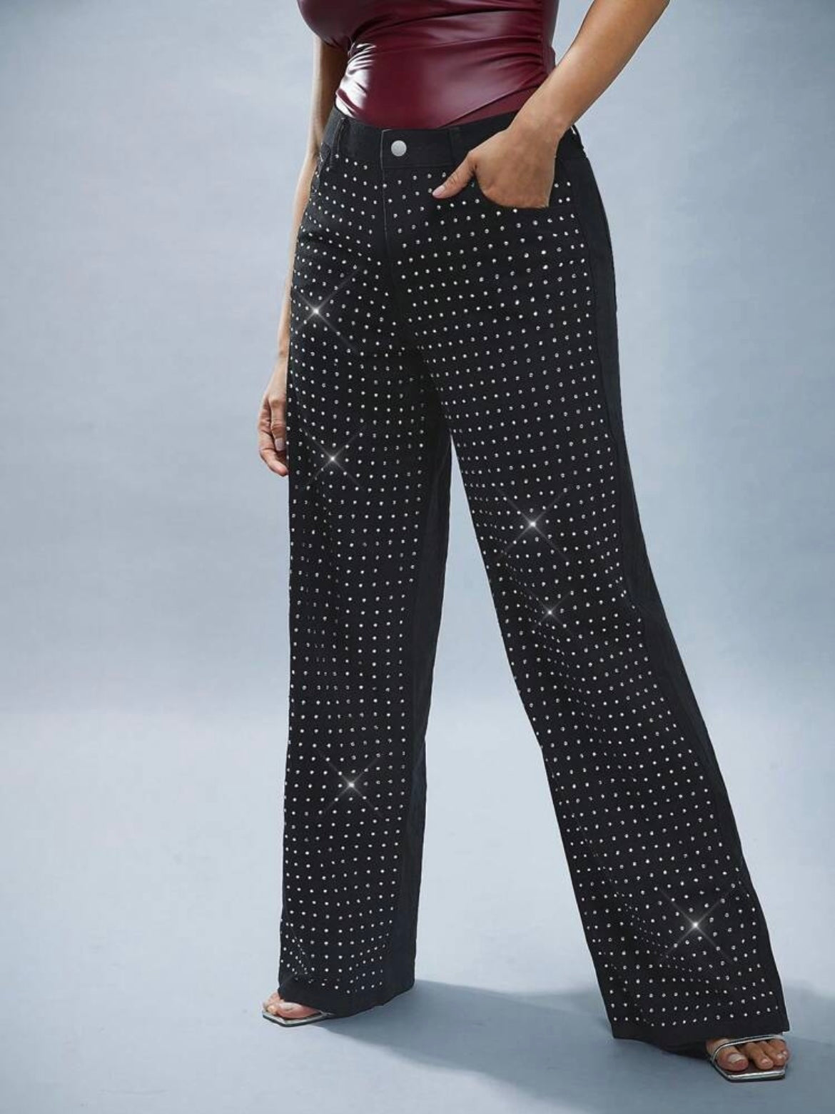 CM-BS551884 Women Casual Seoul Style Relaxed Fit Rhinestone Wide Leg Jeans - Black