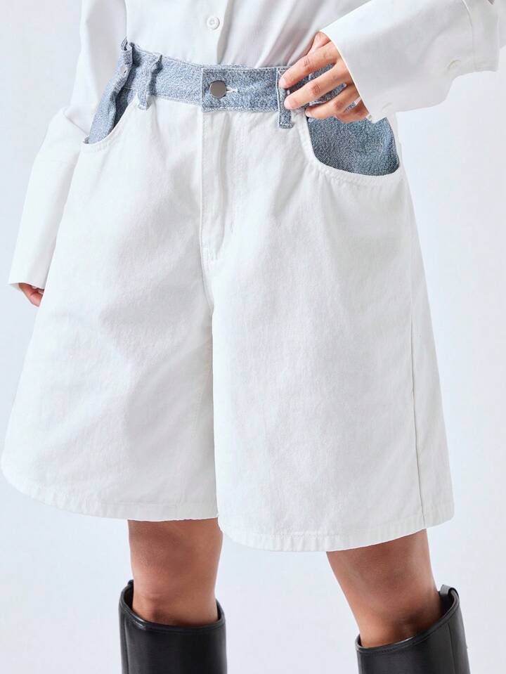 CM-BS011632 Women Casual Seoul Style Low Waist Contrast Loose Mid-Length Wide Leg Denim Short Pants