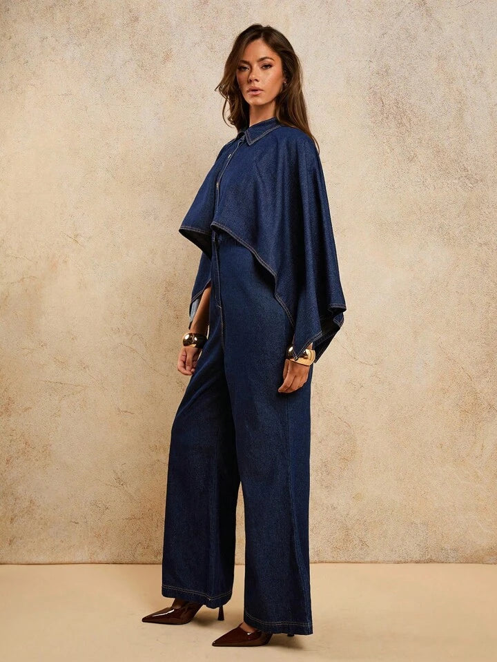CM-JS335015 Women Casual Seoul Style 2-In-1 Batwing Sleeve Long Sleeve Loose Denim Jumpsuit - Blue