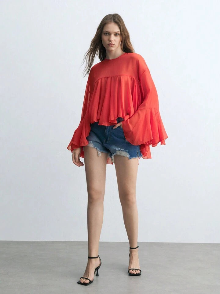 CM-TS115361 Women Trendy Bohemian Style Round Neck Long Sleeve Asymmetrical Mesh Shirt - Red
