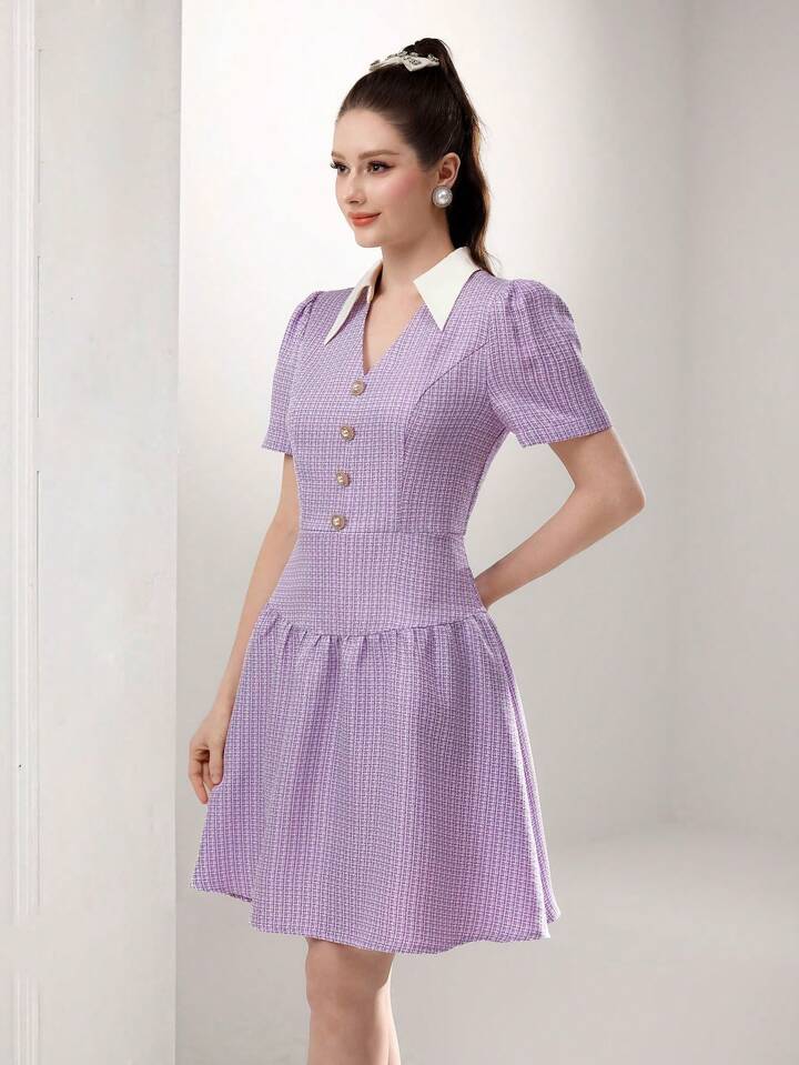 CM-DS337872 Women Casual Seoul Style Collar Neckline Short Sleeve High Waist Contrast Splice Mini Dress