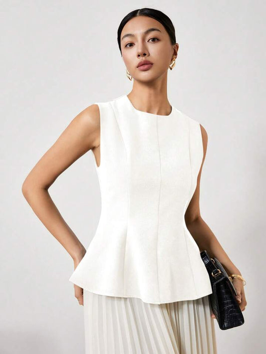 CM-TS192695 Women Elegant Seoul Style Solid Color Crew Neck Sleeveless Pleated Slim Fit T-Shirt - White