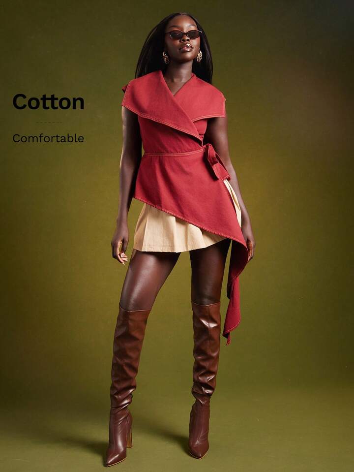 CM-TS038800 Women Elegant Seoul Style Plunge V Neck Cap Sleeve Wrap Tie Detail Fitted Denim Top - Red