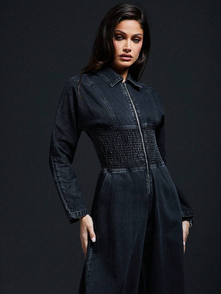 CM-JS488882 Women Casual Seoul Style Solid Color Front Zipper Long Sleeve Pocket Jumpsuit - Black